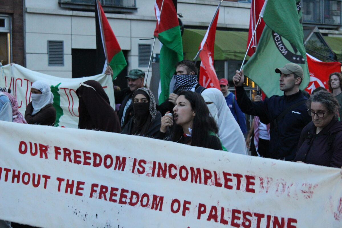 Protest marching down Kildare Street with Palestinian flags. - (Hugh Dooley)