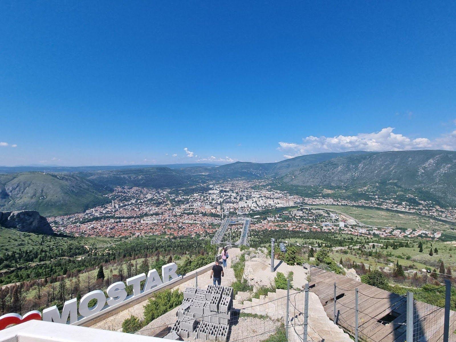 A view overlooking Fortica Hill and the Mostar sign, in Bosnia and Herzegovina - a country in the Balkans.